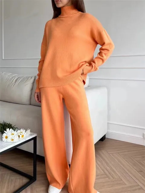 Autumn Winter 2 Pieces Women Sets Knitted Tracksuit Turtleneck Sweater and Straight Jogging Pants Suits