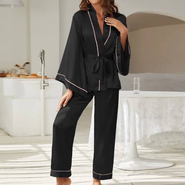 2 Piece Set Women Pajamas Satin Sleepwear Long Flared Sleeve and Long pant Fallow V-Neck Collar Casual Night Suits