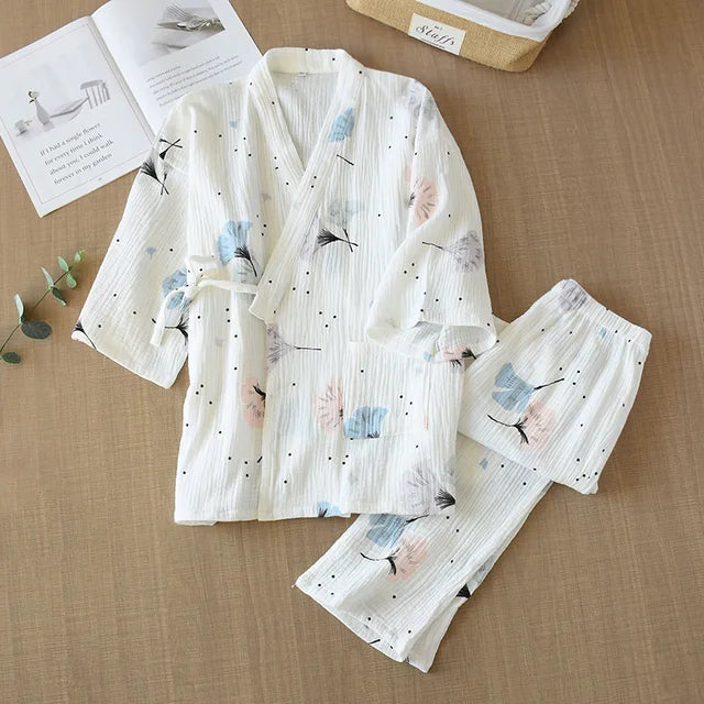 Spring and Summer Pure Cotton Yarn Kimono Pajamas V-Neck Printing Plus Size Pijama Mujer Loungewear Women 2 Piece Sleepwear
