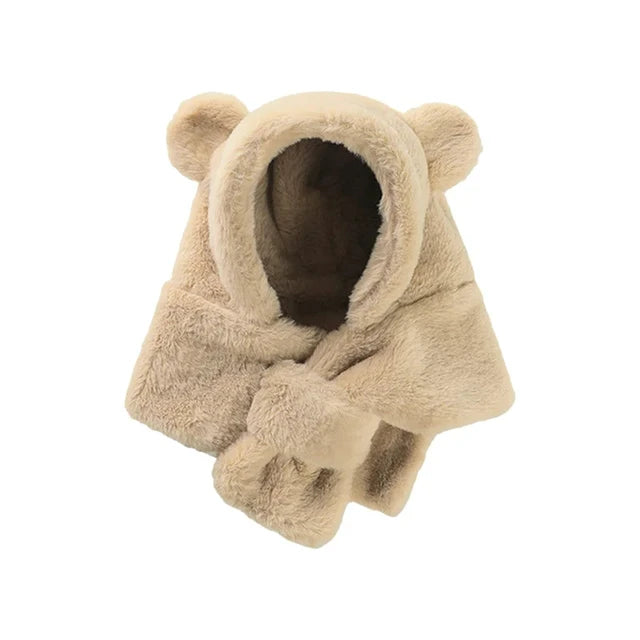 Winter Baby Hat Scarf One-Piece Faux Fur Kids Hats Cartoon Bear Warm Neck Ear Cap for Boys Girls Windproof Beanies Infant Stuffs
