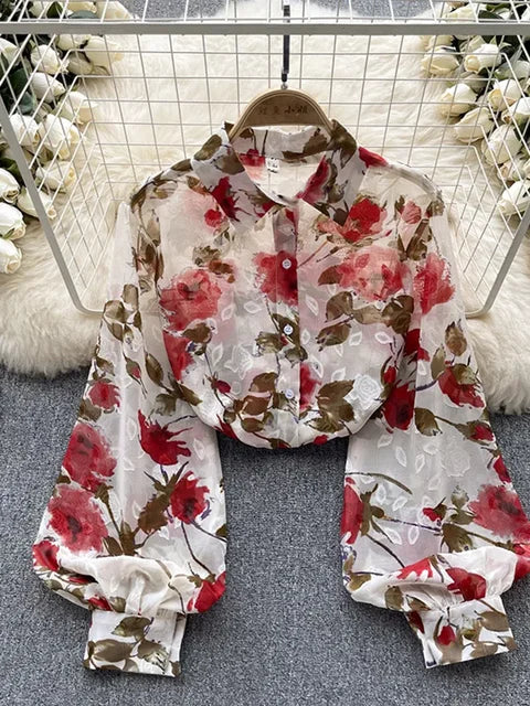Spring Autumn Temperament Fashion Retro Chiffon Floral Blouses Print Loose Lapel Puff Sleeve Top Button Up Shirt Female GD611