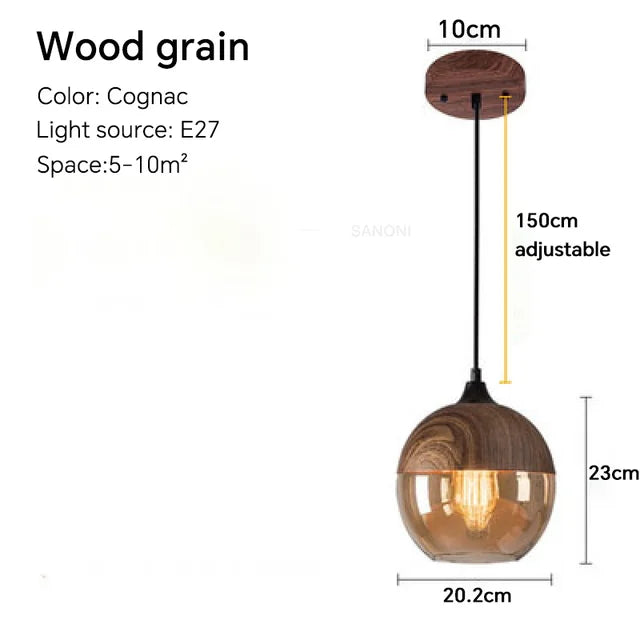 Nordic LED Glass Pendant Lights Fixtures Modern Creative Wood Art Bedroom Dinning Living Room Light Wood Color Hanging Lamps