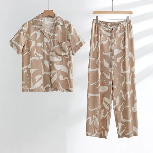 Spring Fashion Light Brown Color Printed Cotton Pijamas for Ladies Long-Sleeved Trousers Homewear Sleeping Pajamas Suit