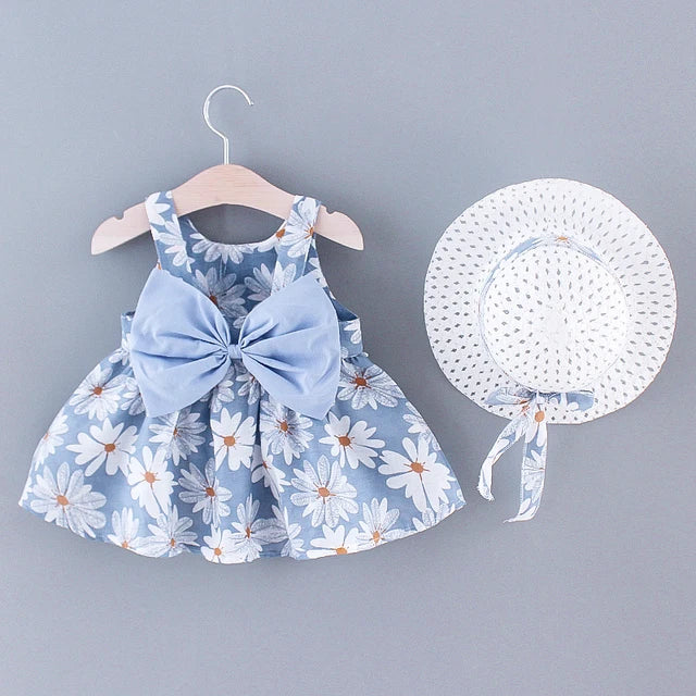 2pcs Baby Girls Sleeveless Daisy Print Back Big Bow Decor Beach Dress & Hat Set Kids Summer Clothes