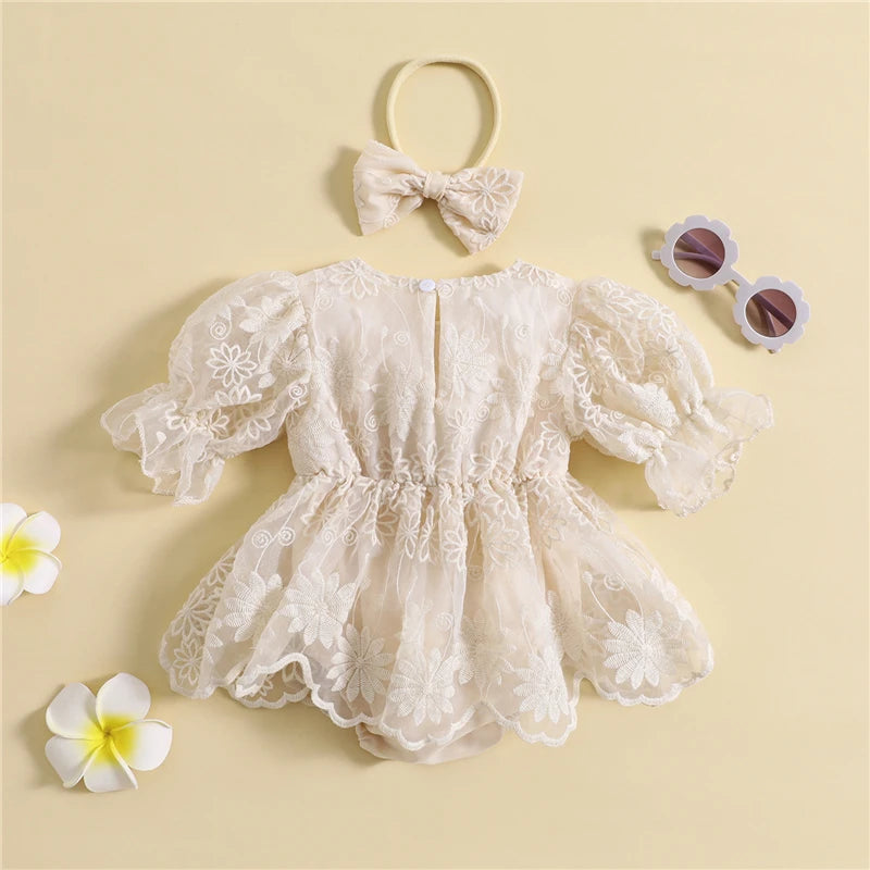 Infant Baby Girls Floral Embroidery Romper Dress Princess Sweet Baby Lace Short Sleeve Jumpsuit Summer Rompers and Headband