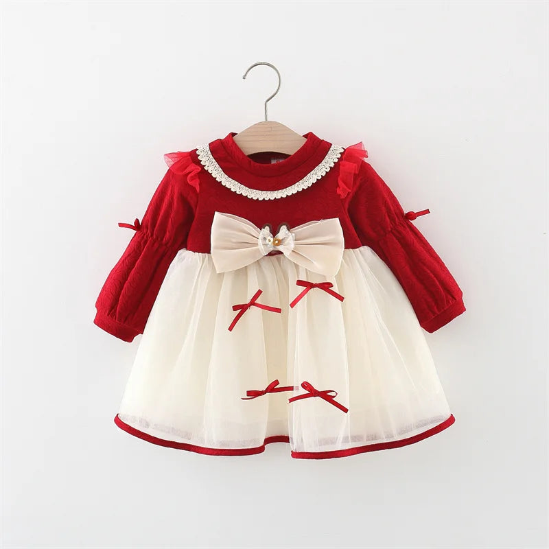 Autumn Baby Girl Long Sleeve Mesh Dress Lace Bow Cute Party Children Clothing Fashion Korean Style Toddler Kids Costume 0 To 3Y