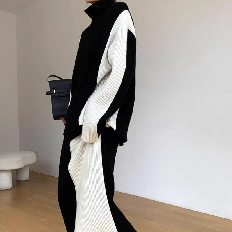 Black And White Color Contrast Two-Piece Set For Women In Autumn And Winter 2023, With A Lazy Style High Neck Knitted Sweater An