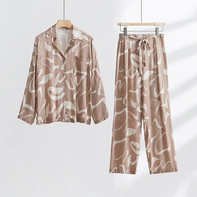 Spring Fashion Light Brown Color Printed Cotton Pijamas for Ladies Long-Sleeved Trousers Homewear Sleeping Pajamas Suit