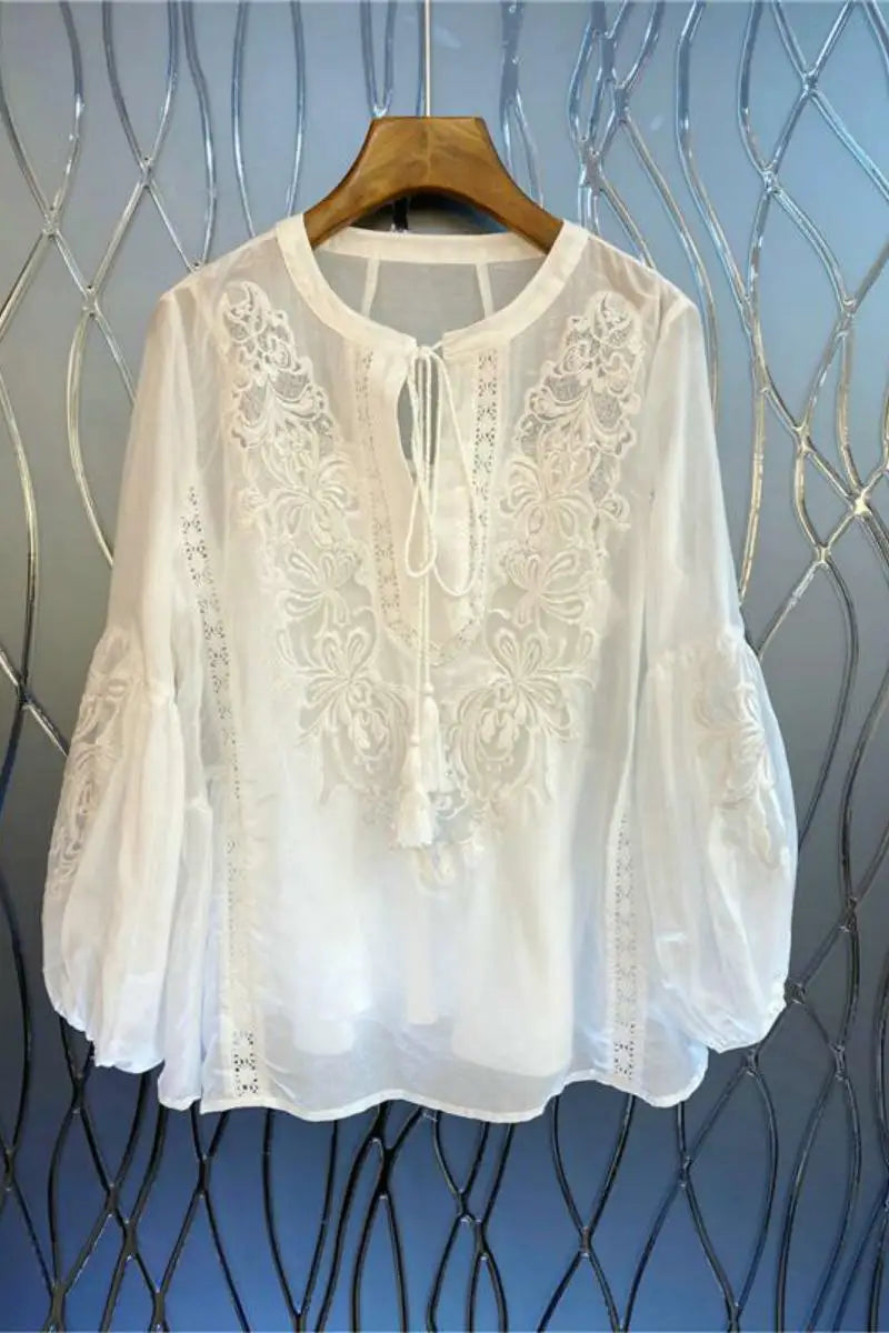Neploe O-Neck Light Thin Fairy Style Embroidered Solid Color Long Sleeve Blouses Femme French Sweet Gentle Vintage Lace-Up Shirt