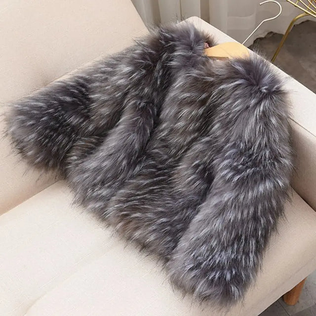 2021 Autumn Winter New Style Silver Fox Imitation Raccoon Fur Round Neck Children Fur Coat Fashion Thicken Girls Jacket TZ102