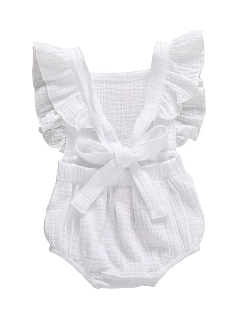 2020 Baby Summer Clothing 0-18M Newborn Baby Girl Jumpsuit Cotton Linen Short Ruffle Sleeve Sunsuit Embroidery Flowers Bodysuit