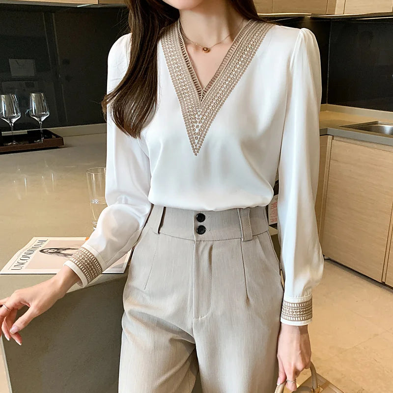 Long Sleeve White Blouse Tops Blouse Women Blusas Mujer De Moda 2023 Embroidery V-Neck Chiffon Blouse Shirt Women Blouses E226