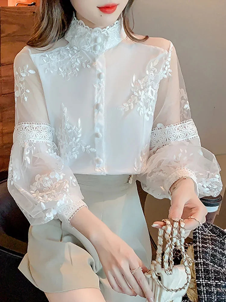 Sweet Lace Mesh Shirts White Blouse Spring Stand Collar Lantern Sleeve Tops Flowers Embroidery Women's Clothing Elegant 23277