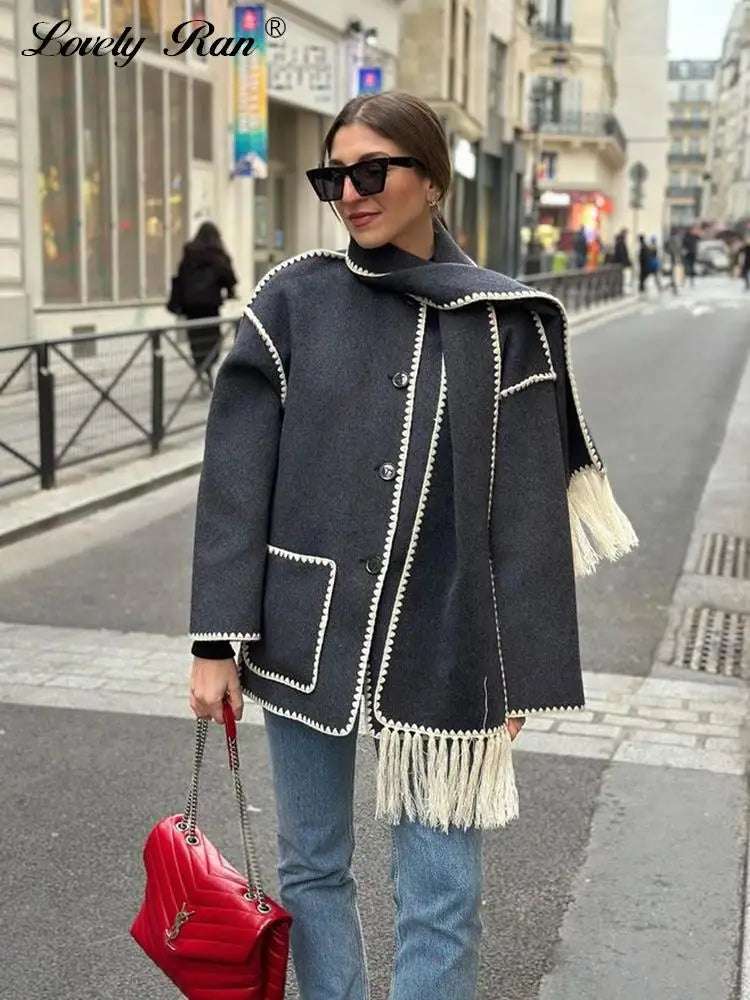 Autumn Winter Women's Coat With Scarf Loose Long Sleeve Single Breasted Coats Female 2023 Fashion Match All Warm Lady Jacket