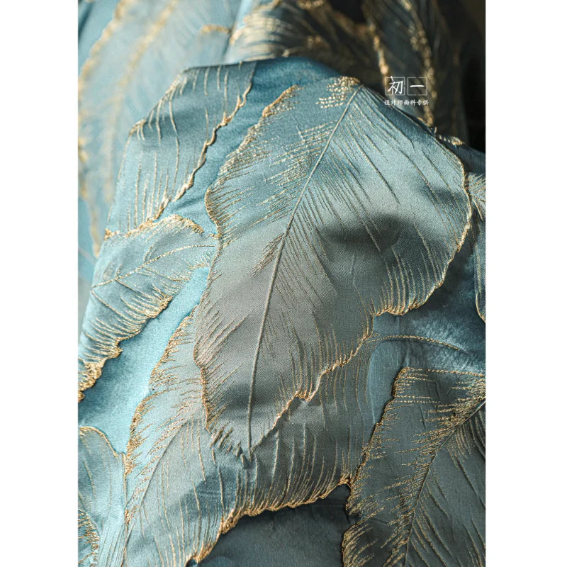 Gold Silk Blue Leaves Jacquard Fabric Trench Coat Down Jacket Curtain Fashion Diy Designer for Sewing Material Wholesale Cloth