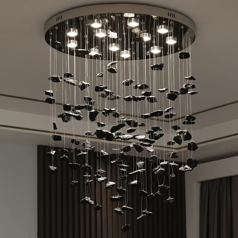 Black Art Luxury Stone Crystal Chandelier For Staircase Hallway Lobby Modern Cristal LED Hanging Lamp Home Indoor Light Fixtures