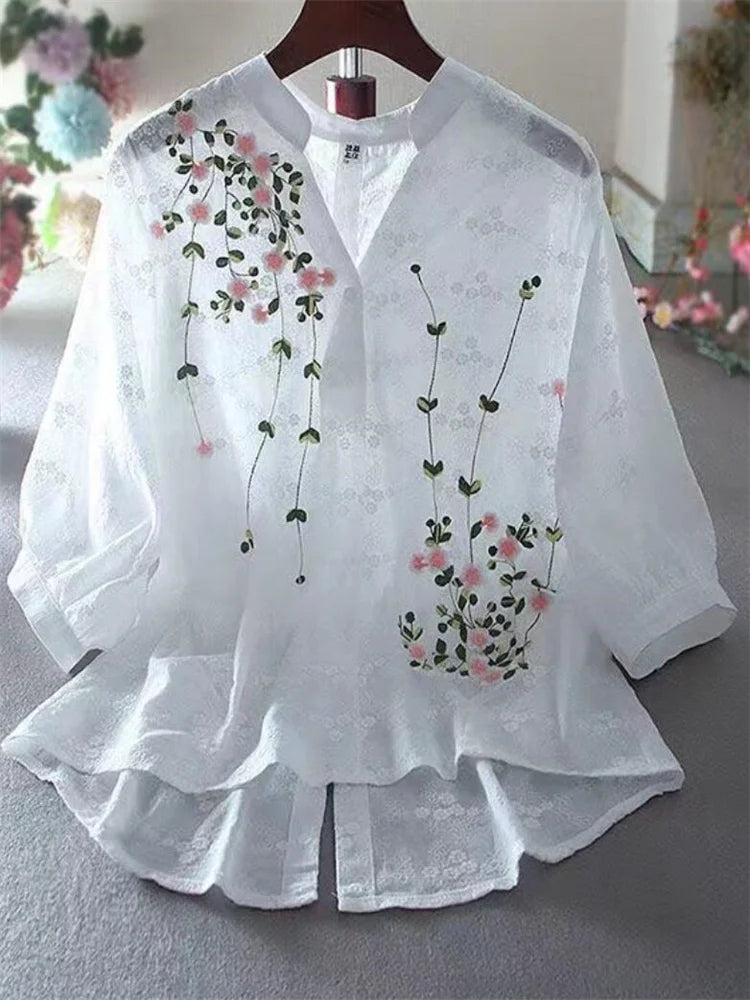 Literary Cotton Shirts For Women Embroidery Flowers Woman Blouses V-neck Half Sleeve Lace Blouses Summer Thin Top Female Shirt