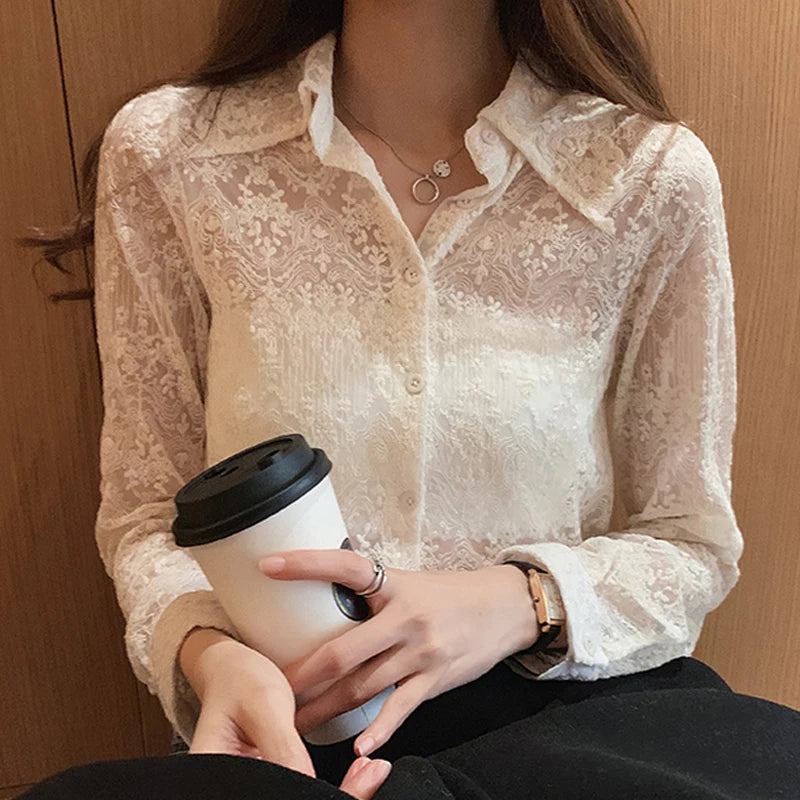 Korean Chic Floral Embroidery White Blouse Women Elegant Spring Lace Bottoming Shirt New Fashion Long Sleeve Hollow Top 13125