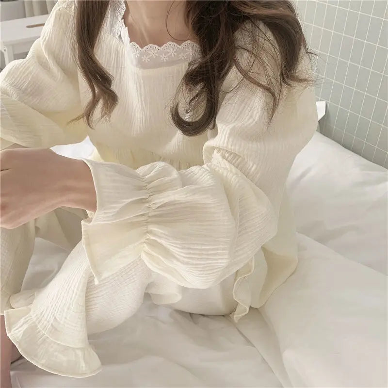 Pajama Sets Women Solid Simple Square Collar College Girls Kawaii Japanese Style Autumn Homewear Basic Casual Femme Lounge Cozy