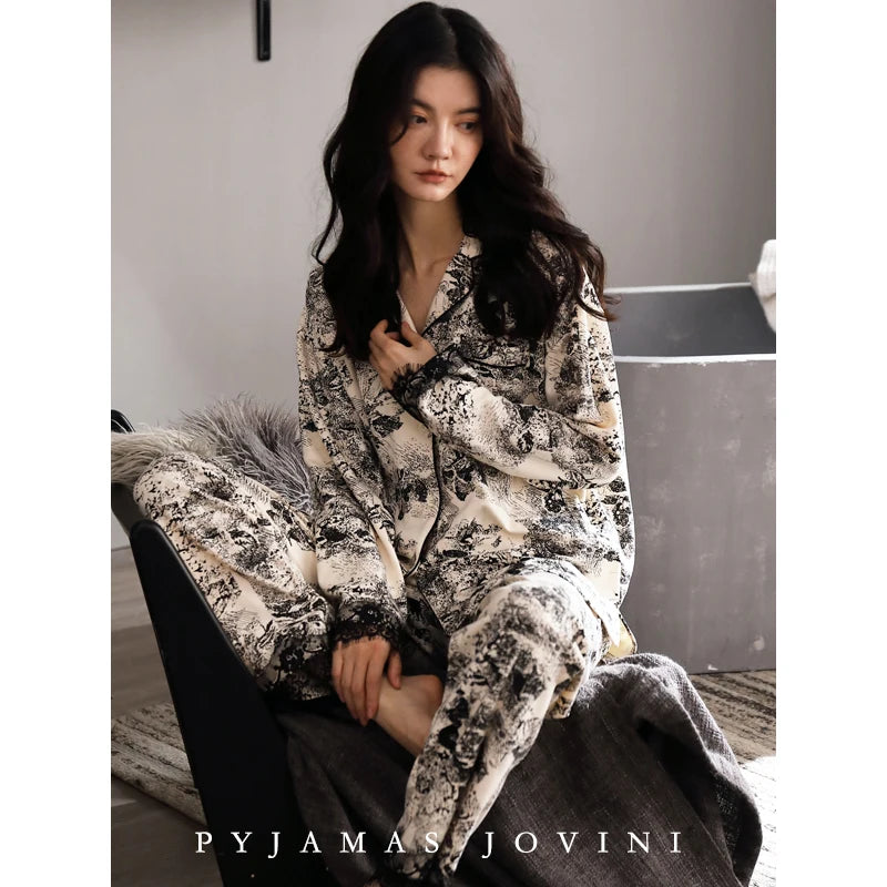 Ink and Wash 2023 New Pajama Sets Women's 100% Cotton Long-sleeved Kimono Nightgown Three Piece Set
