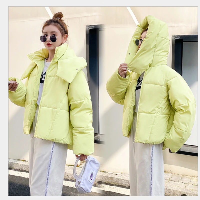 Winter Korean Style Fluffy Hooded Bread Puffer Pressure Down Jacket Women Thick Loose Short Padded Parkas New In Coats