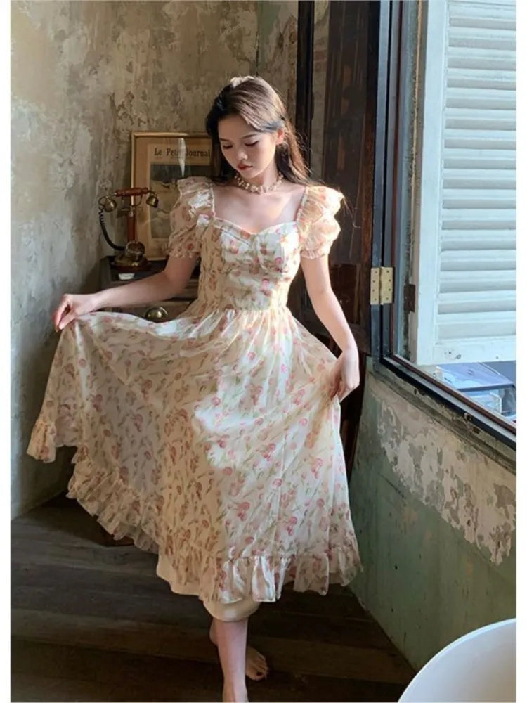 Summer 2023 Short Sleeve Floral Print Dress for Women Vintage Female High Waist Puff Sleeve Holiday Beach Dress Korean