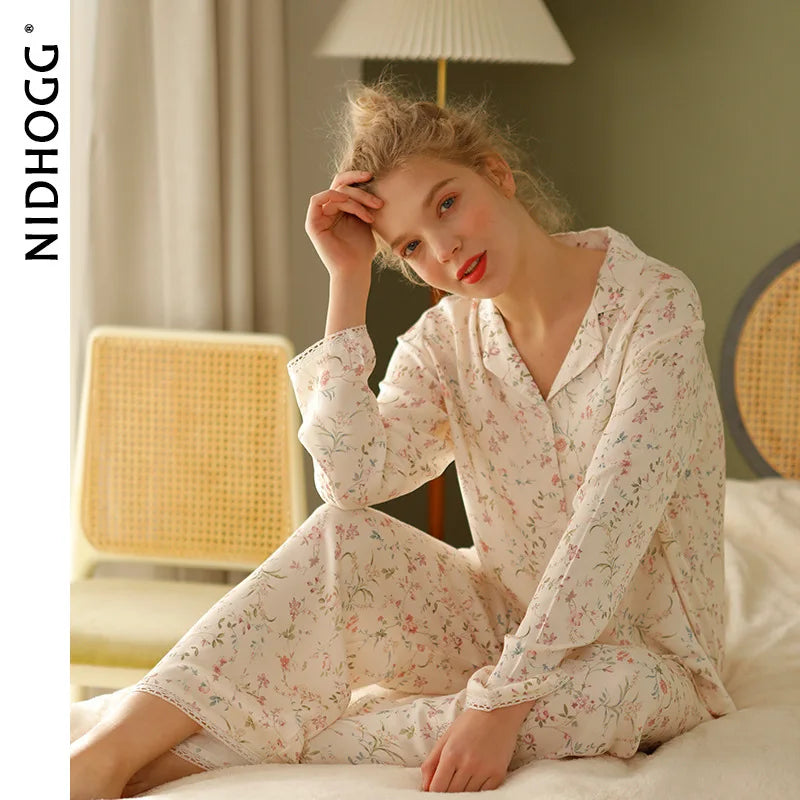 Pre-sale 2021 Spring Satin Pajamas Long Sleeve Viscose Sleepwear Willow Leaf Print Lounge Wear Two Piece Pijama Set Pijama Mujer