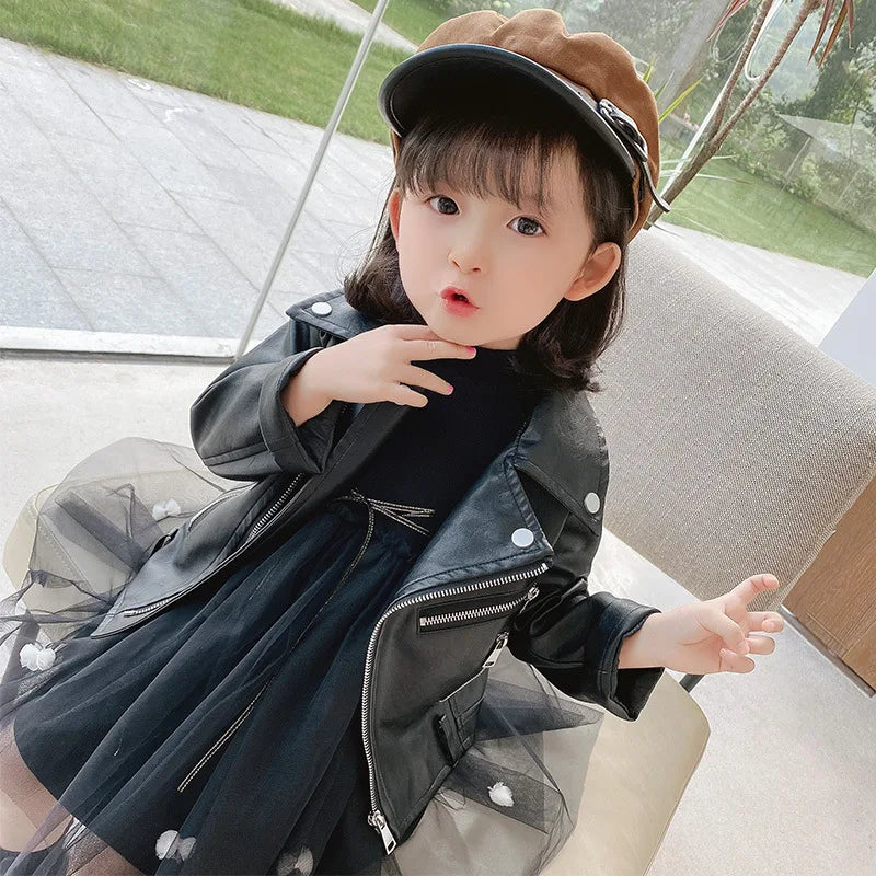 2023 Baby Girls Faux Leather Jacket Zipper Fly Coat For Girls Solid Color Childrens' Jacket Spring Autumn Kids Clothes Girl