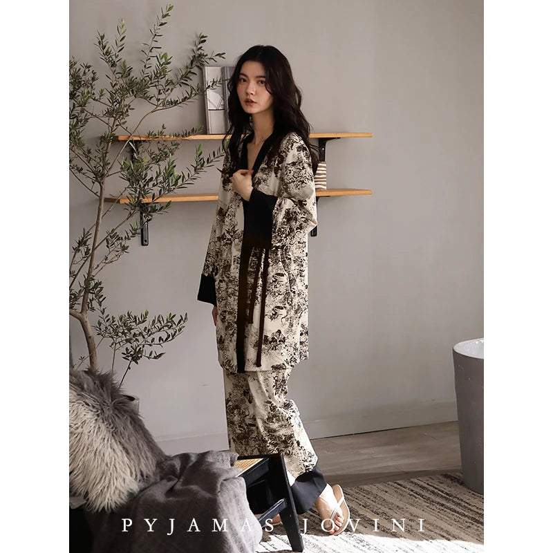 Ink and Wash 2023 New Pajama Sets Women's 100% Cotton Long-sleeved Kimono Nightgown Three Piece Set