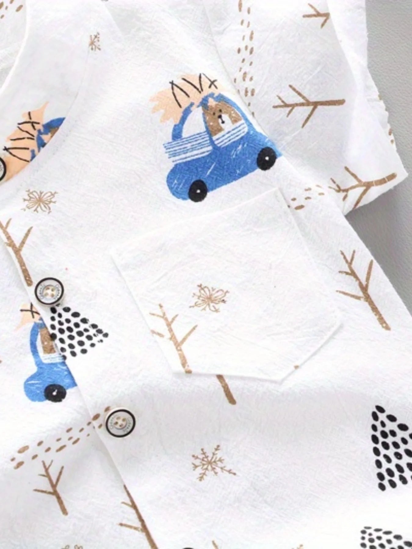 Infant and toddler summer full print bear driving pattern short sleeved shorts set for outdoor standing collar shirt fashion two