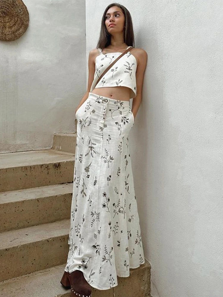 Embroidery Midi Skirt Set Women Vest Spaghetti Strap Female Two Piece Sets Crop Top Pleated Skirts Summer Outfits For Woman 2023
