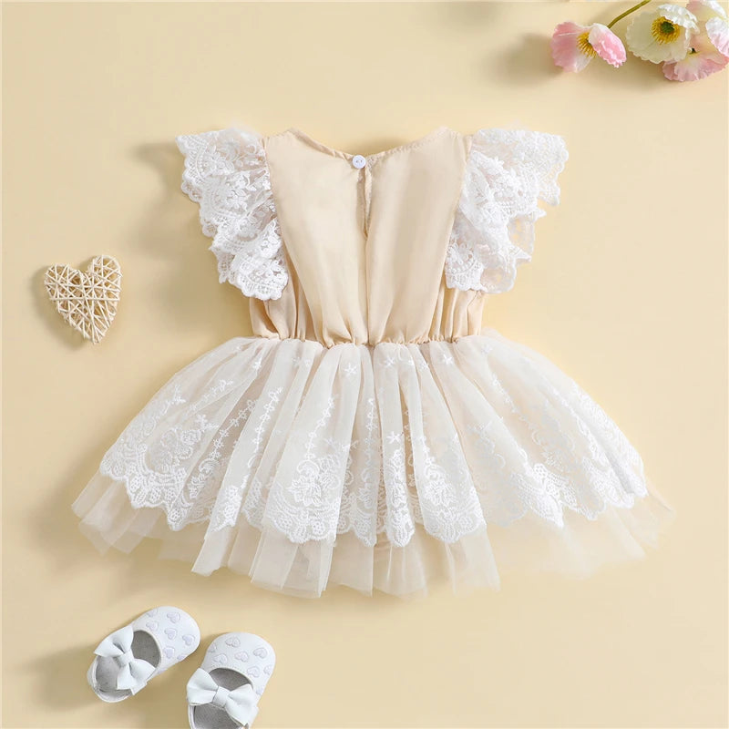 Summer Newborn Infant Baby Clothes Baby Girls Romper Fly Sleeve Crew Neck Flower Lace Tulle Patchwork A-line Dress