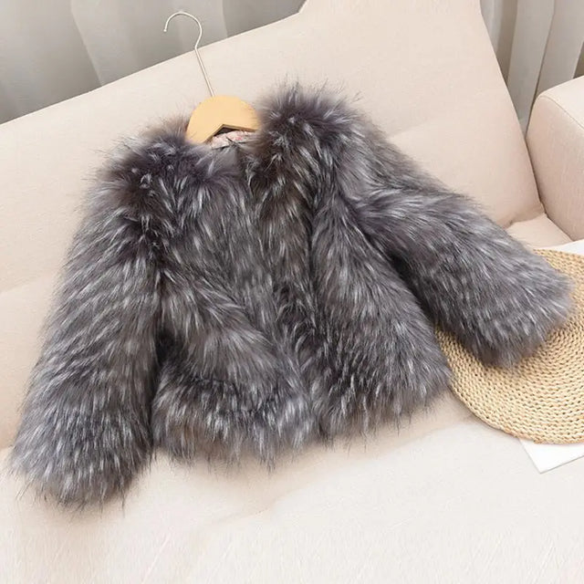 2021 Autumn Winter New Style Silver Fox Imitation Raccoon Fur Round Neck Children Fur Coat Fashion Thicken Girls Jacket TZ102