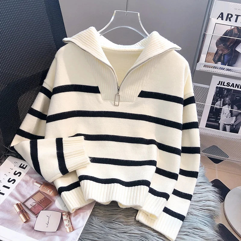 Casual Stripe Knitted Sweater 2023 Spring Autumn Fashion Vintage Half Zipper Pullover Women's Short Tops Loose Chic Sweaters