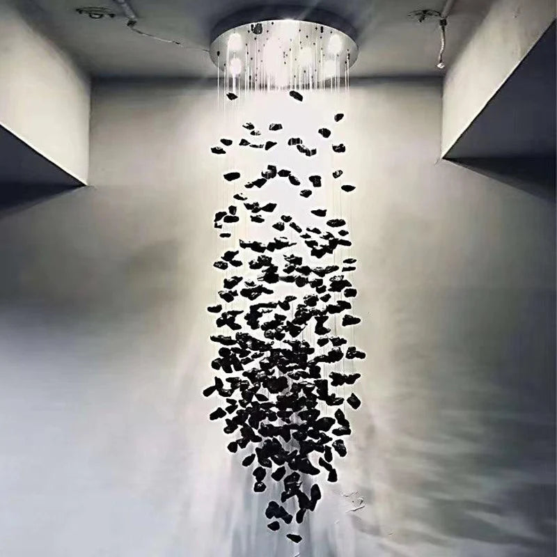 Black Art Luxury Stone Crystal Chandelier For Staircase Hallway Lobby Modern Cristal LED Hanging Lamp Home Indoor Light Fixtures