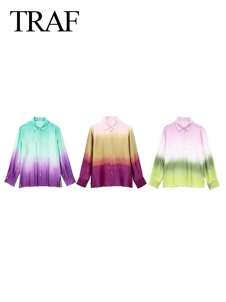 TRAF Tie Dye Shirt For Women Casual Button Lapel Print Satin Long Sleeve Shirts 2023 Streetwear Female Chic Tops Slim Blouse
