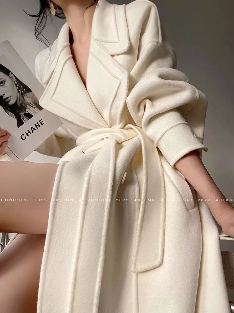 Double-Sided Cashmere Coat For Women In Autumn And Winter, High-End Three-Dimensional Lapel, Loose Fitting Mid Length Jacket