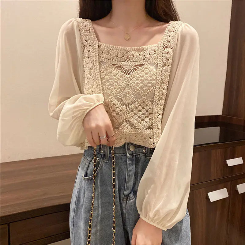 2023 Summer Long Sleeve Vintage National Trend Female Clothes Hollow Out Lace Patchwork Chiffon Shirts Woman Blouses Wholesale