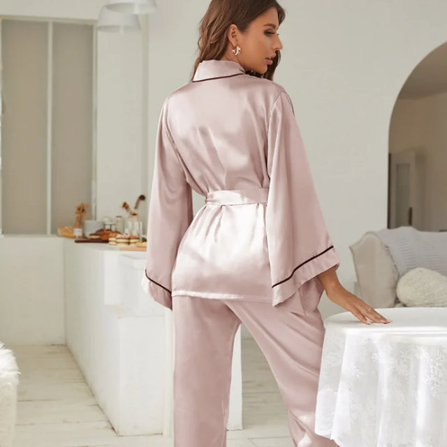 2 Piece Set Women Pajamas Satin Sleepwear Long Flared Sleeve and Long pant Fallow V-Neck Collar Casual Night Suits
