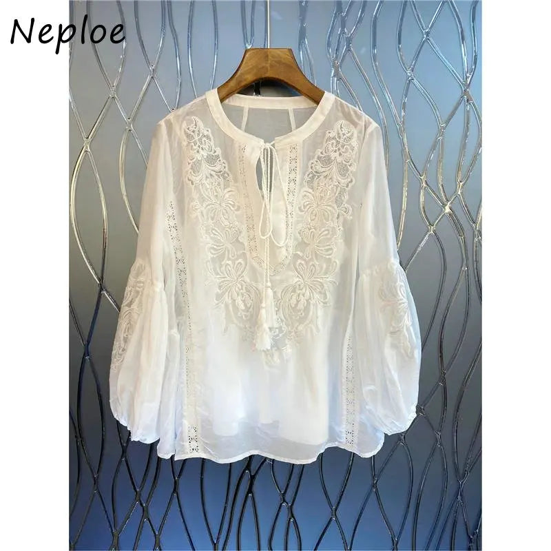 Neploe O-Neck Light Thin Fairy Style Embroidered Solid Color Long Sleeve Blouses Femme French Sweet Gentle Vintage Lace-Up Shirt