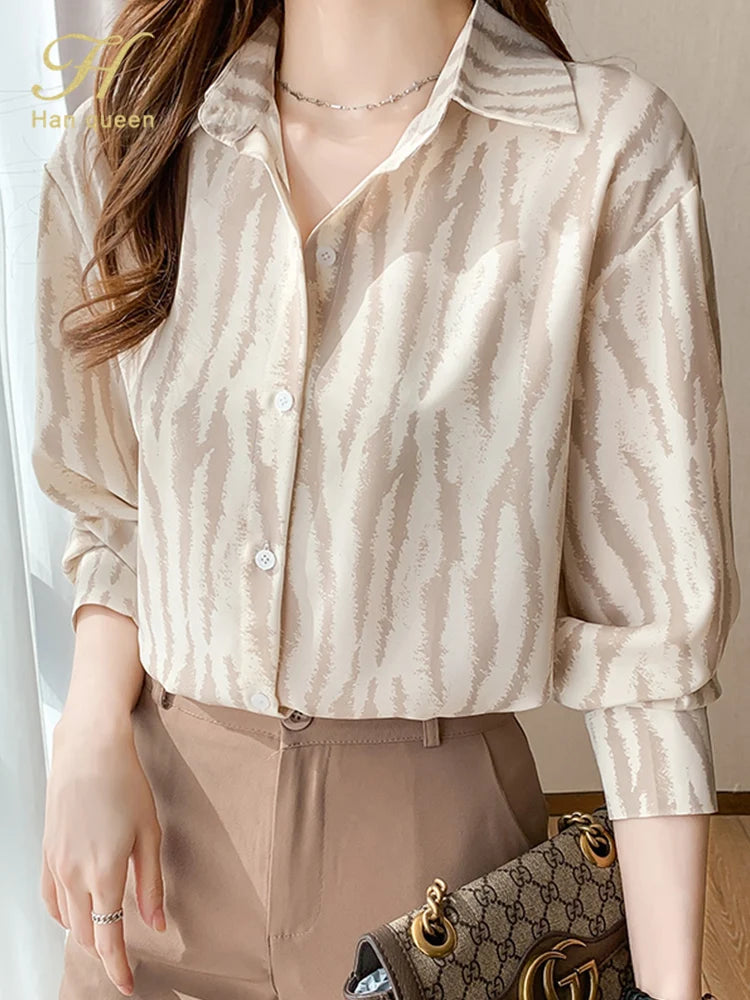 H Han Queen Women Tops Spring Autumn Turn-Down Collar Blouses Korean Elegant Office Shirt Long Sleeve Chiffon Blouse Simple 2022
