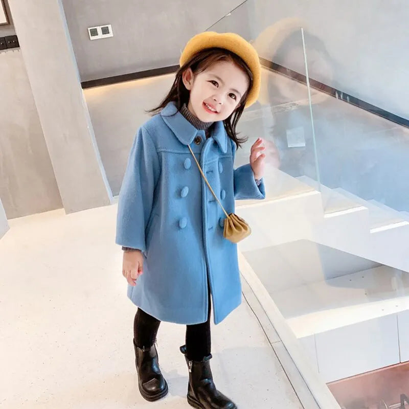 Double Breasted Girls Woolen Coats Autumn Winter Trench Jacket Coat 2-6Yrs Children Clothes For Kids Outerwear Birthday Present