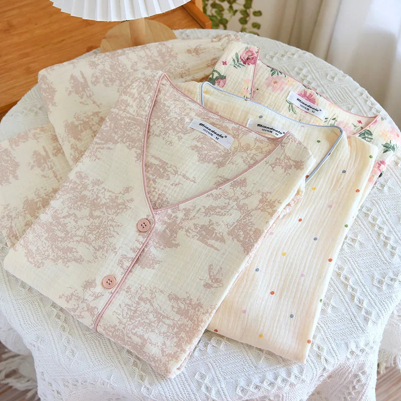 Summer And autumn Women Pajamas FlowerSea Print Sleepwear 100% Cotton Gauze Female 2 Piece Set Nightwear Lady Pyjamas Loungewear