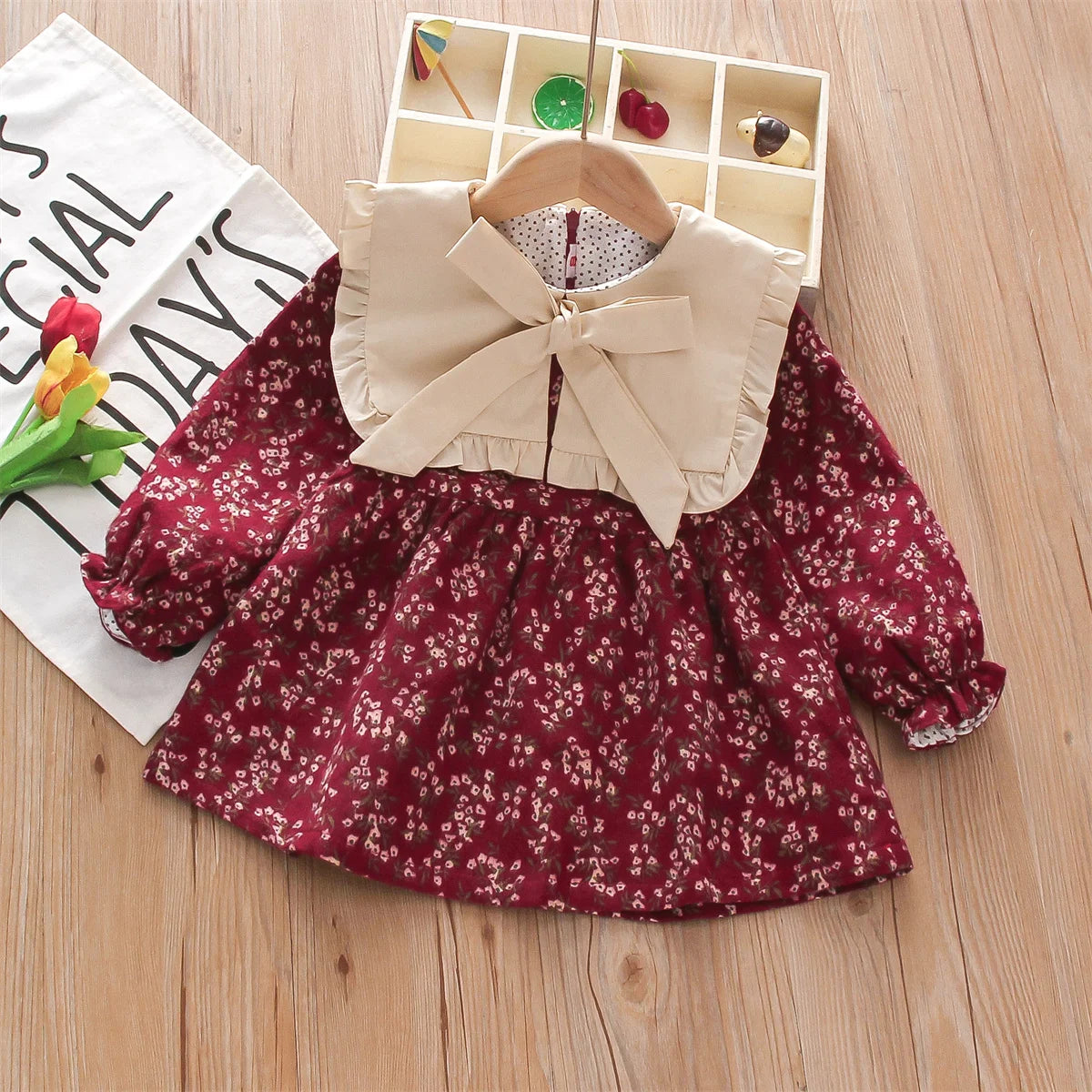Autumn And Winter Girls' Dress New Countryside Fragmented Flower Bow Lace Lapel Sweet Long Sleeve Forest Style Wear