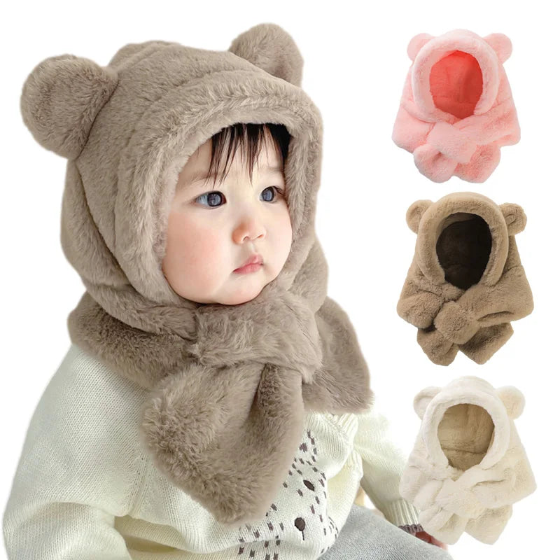 Winter Baby Hat Scarf One-Piece Faux Fur Kids Hats Cartoon Bear Warm Neck Ear Cap for Boys Girls Windproof Beanies Infant Stuffs