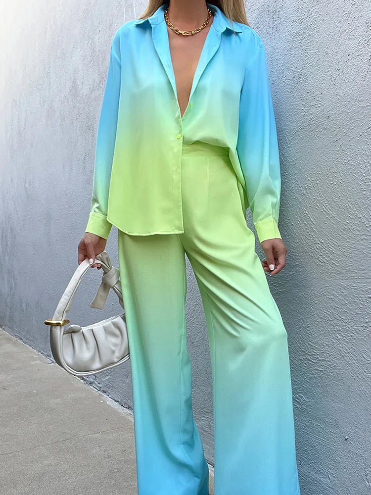 Elegant Satin Long Sleeve Shirt Straight Pant Outfits 2023 Spring High Street Lady Suit Casual Loose Gradient Blouse 2 Piece Set