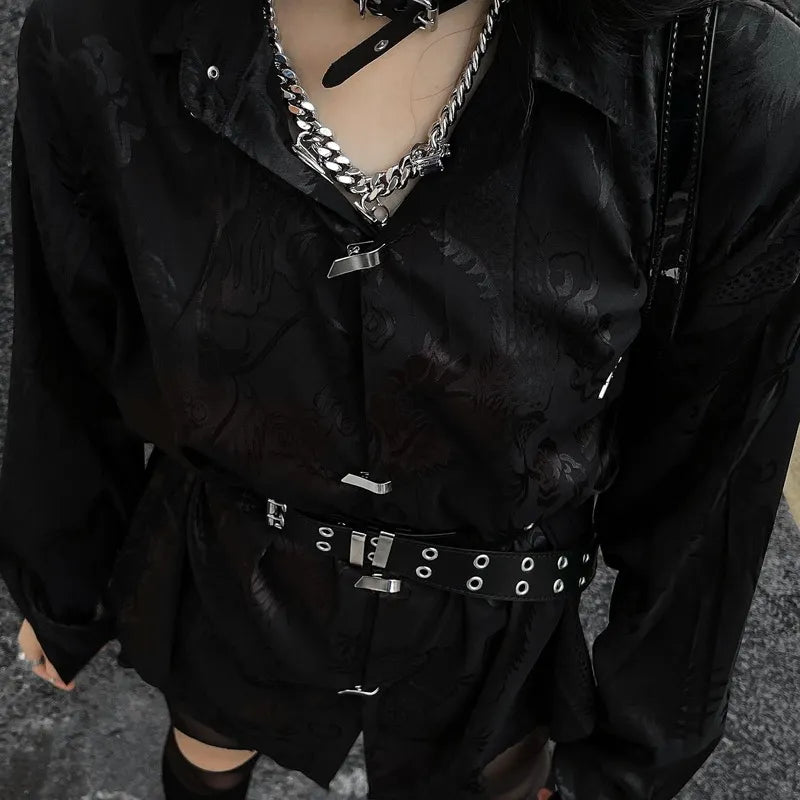 QWEEK Vintage Harajuku Blouses Women Dragon Print Oversize Streetwear Button Up Long Sleeve Shirts Chinese Style Punk Tops Trend