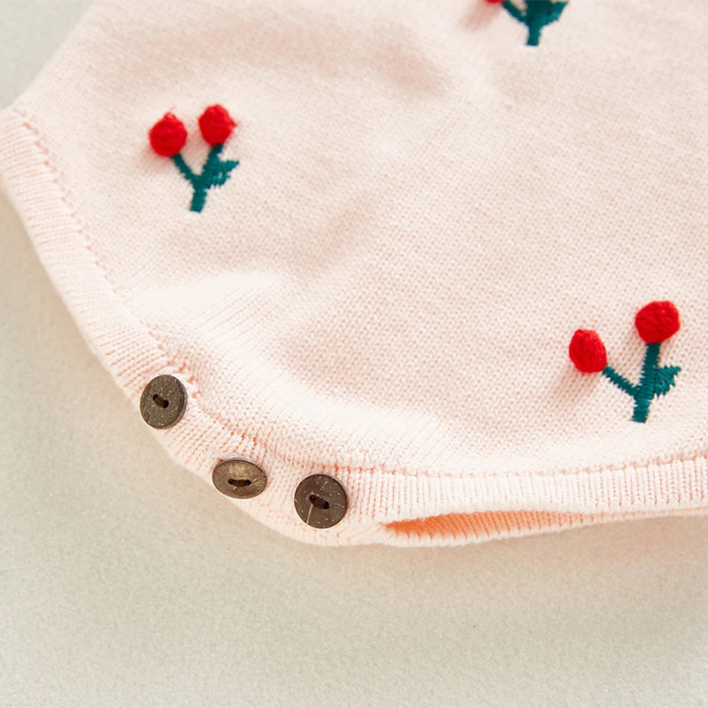 Toddler Baby Knitting Romper Cherry Embroidery Long Sleeve Infant Baby Girls Knitting Jumpsuit Autumn Spring Baby Girl Clothing