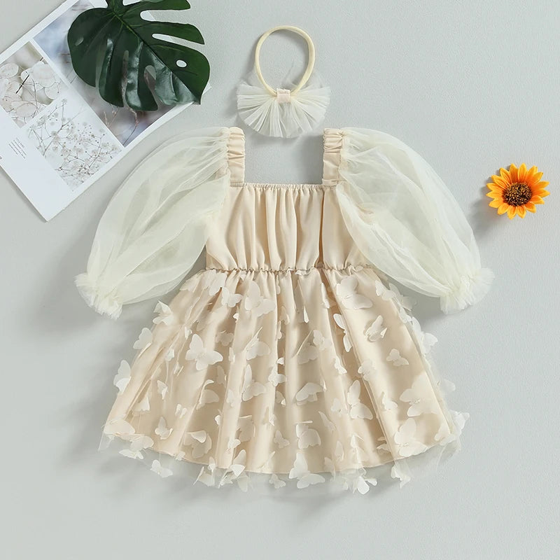 Toddler Kid Girls 2 Piece Dress Outfits Butterfly Princess Dress Long Sleeves A-Line Dress and Headband for Party Cute Clothes