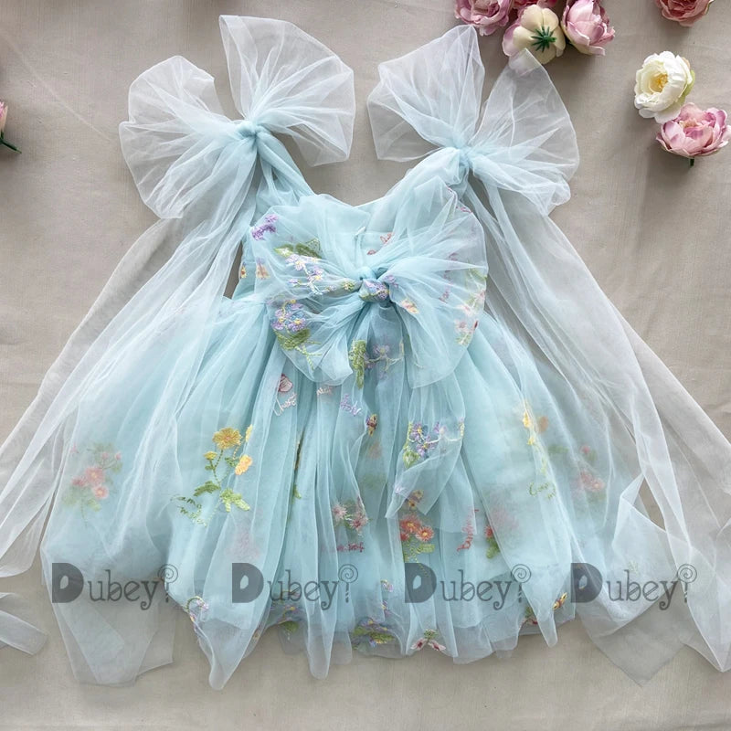 2023 Baby Embroidery Dress Girl Summer Dress Floral Bows Sleeveless Ballarina Dance Performance Dress Girls Tutus Clothes